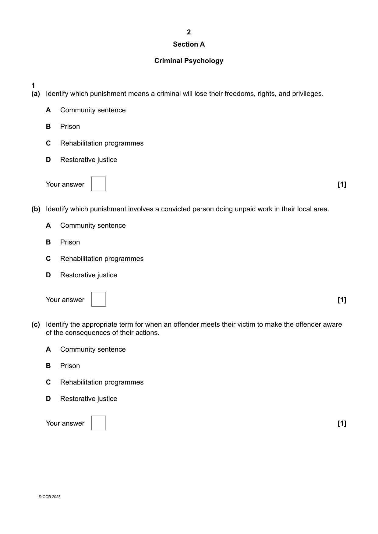 OCR GCSE Psychology Paper 1 2025 Question Paper