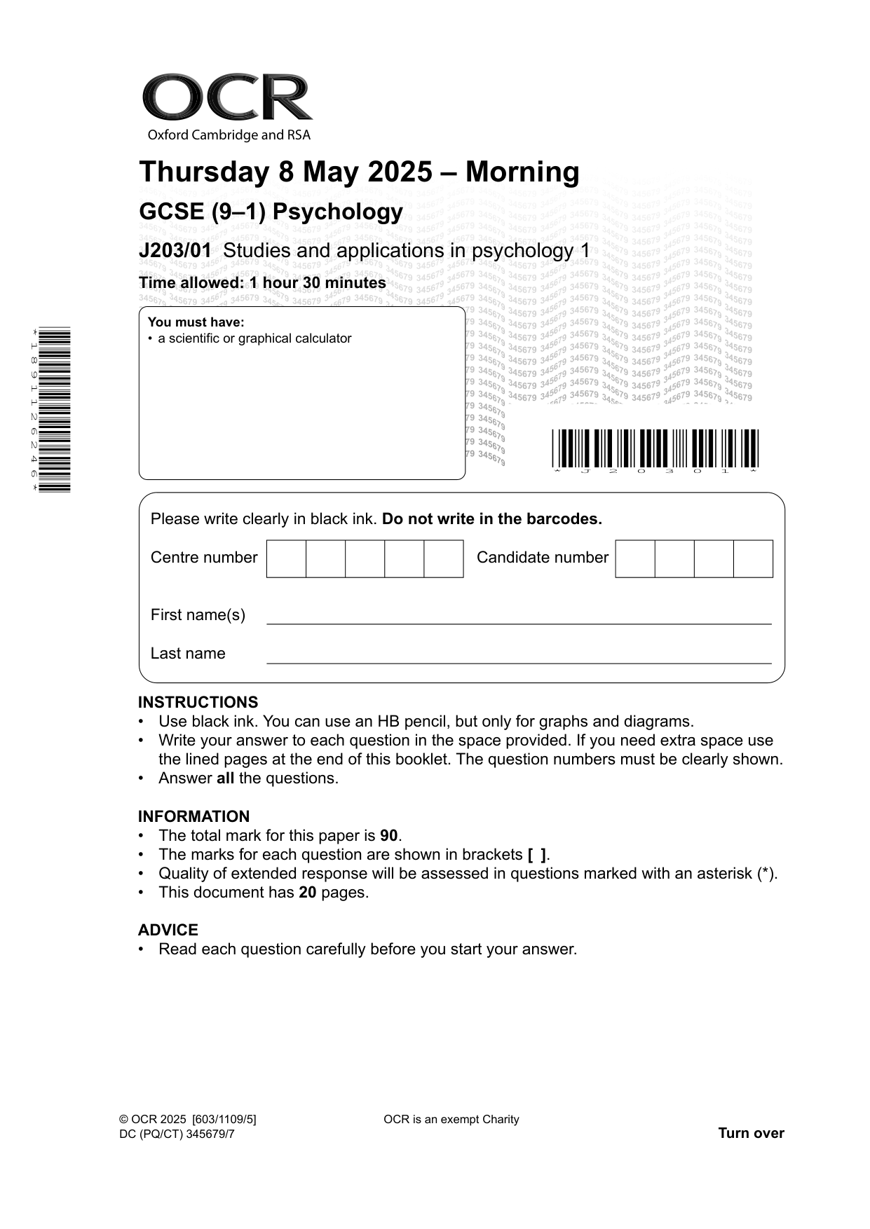 OCR GCSE Psychology Paper 1 2025 Question Paper