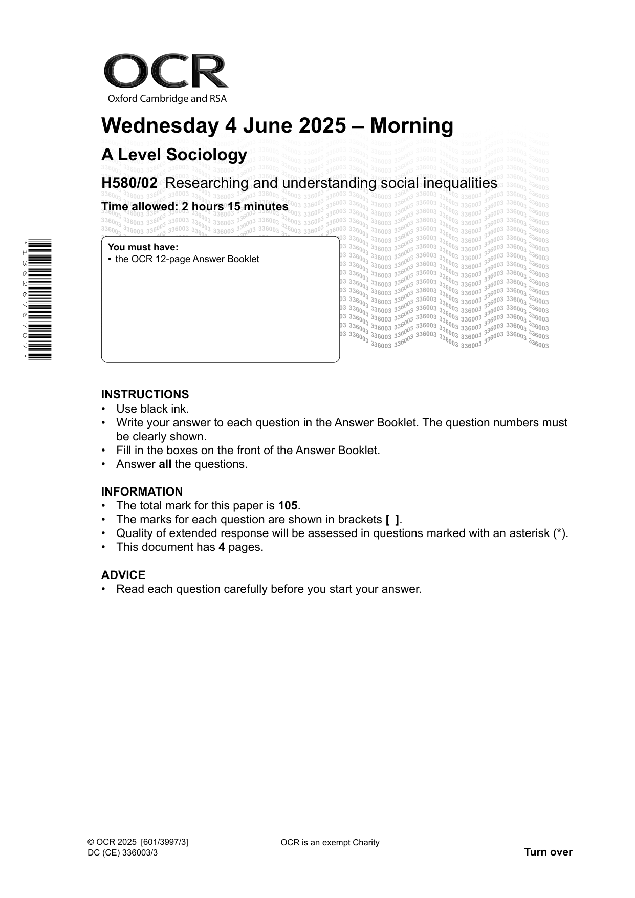 OCR A Level Sociology Paper 2 2025 Question Paper