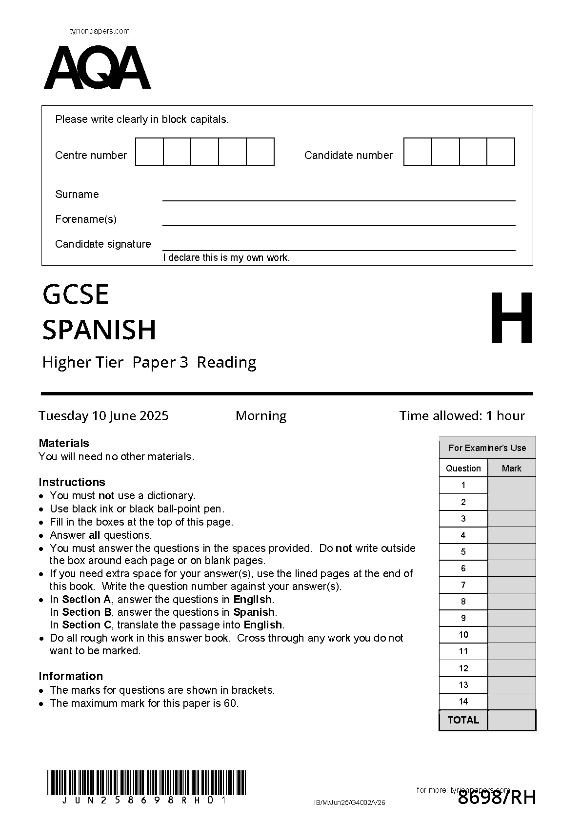 AQA GCSE Spanish Paper 3H 2025 Reading QP IMG-1