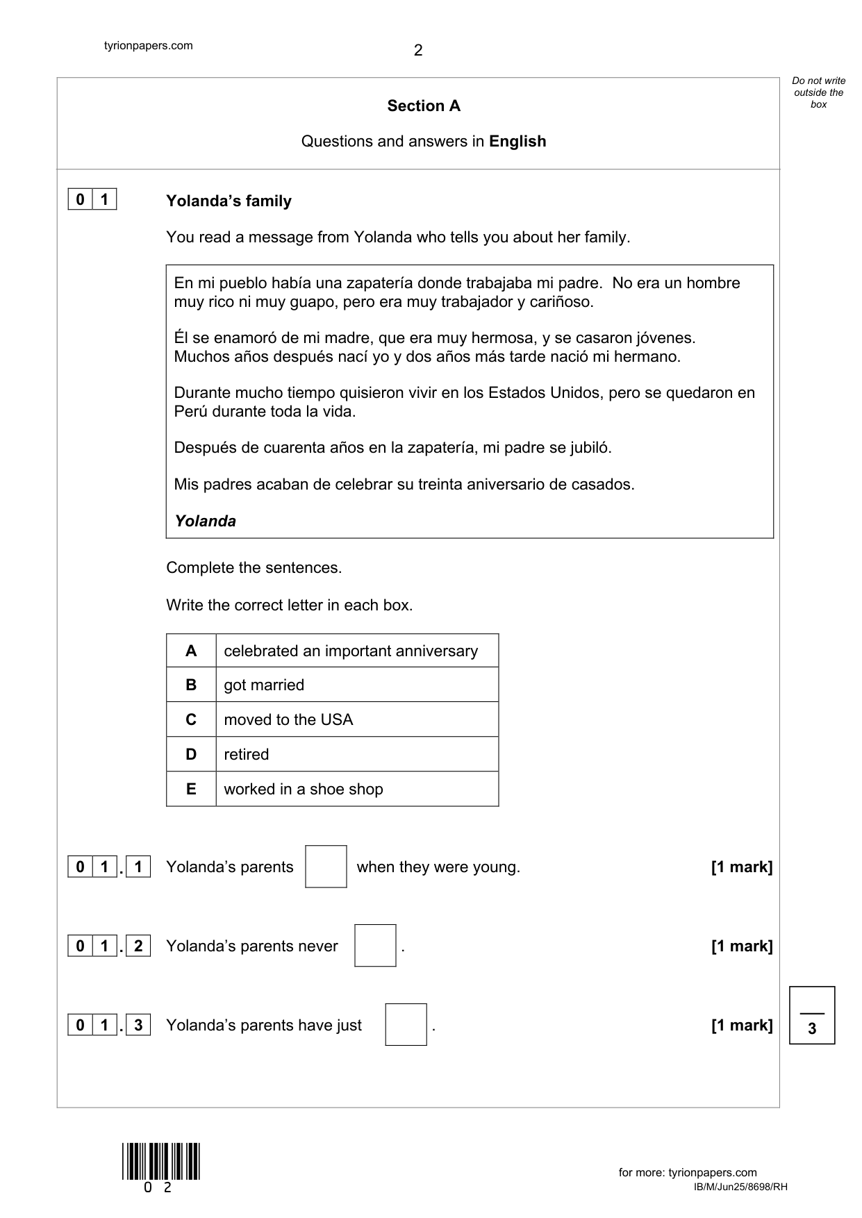AQA GCSE Spanish Paper 3H 2025 Reading QP
