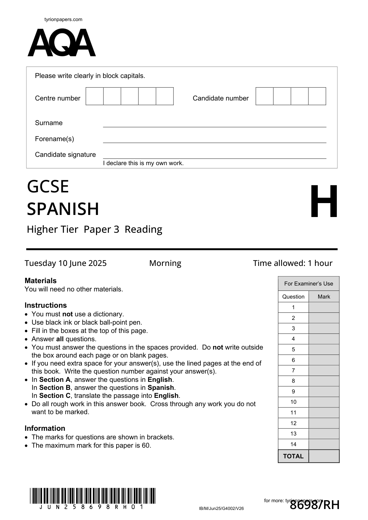 AQA GCSE Spanish Paper 3H 2025 Reading QP
