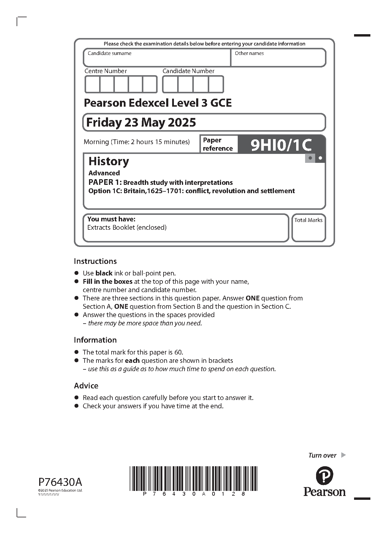 Pearson Edexcel A Level History Paper 1C 2025 Question Paper IMG-1