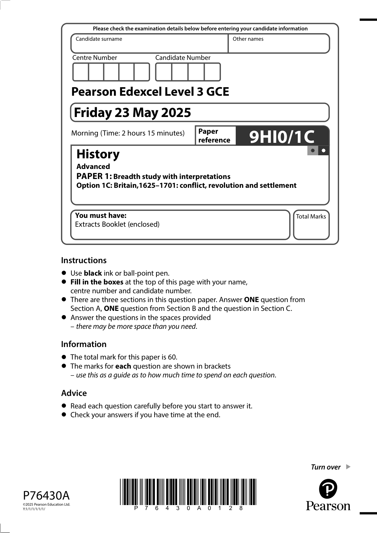 Pearson Edexcel A Level History Paper 1C 2025 Question Paper