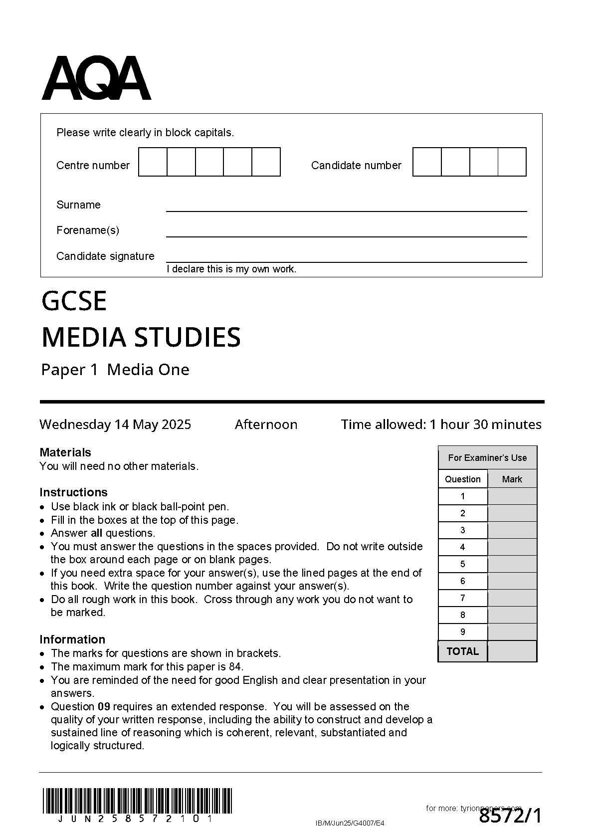 AQA GCSE Media Studies  Paper 1 2025 Question Paper IMG-1