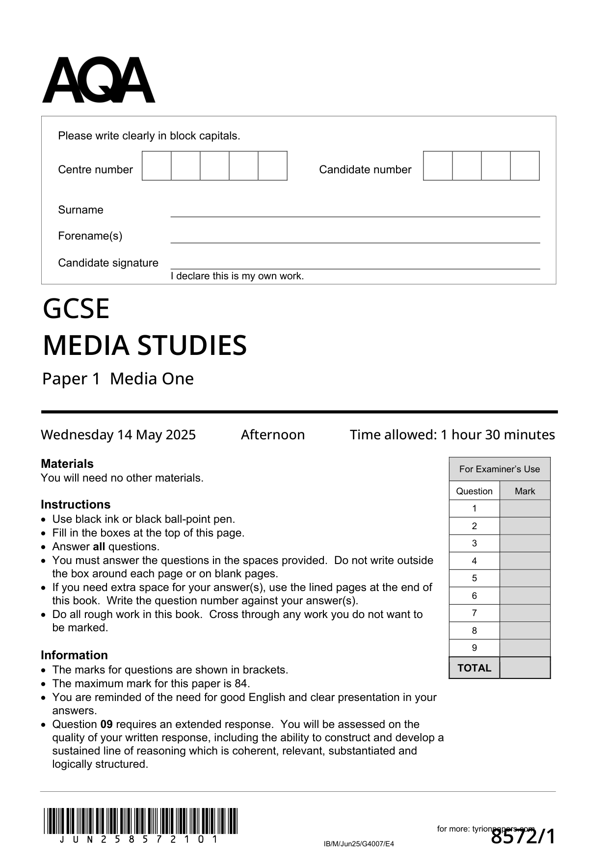 AQA GCSE Media Studies  Paper 1 2025 Question Paper