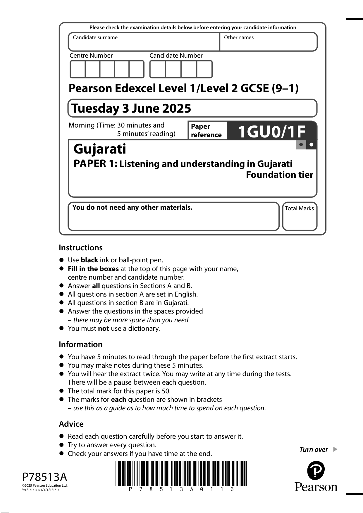 Pearson Edexcel GCSE Gujarati Paper 1F 2025 Question Paper