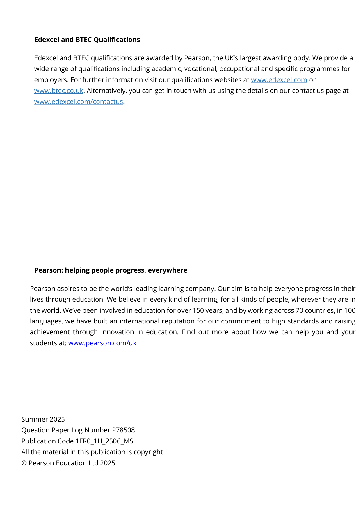 Pearson Edexcel GCSE French Paper 1 2025 Mark Scheme PDF