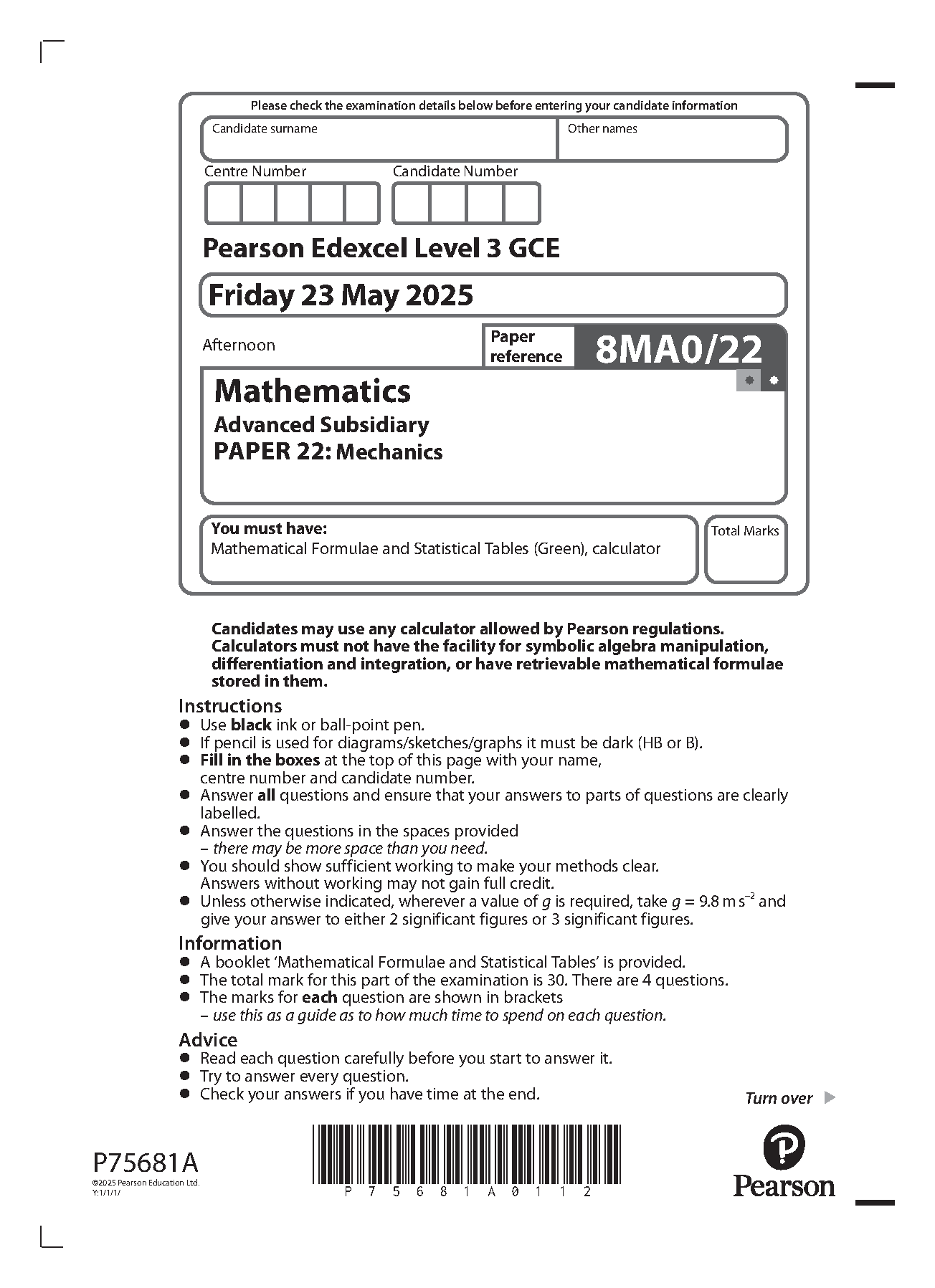 Pearson Edexcel AS Mathematics Paper 22 2025 Question Paper IMG-1