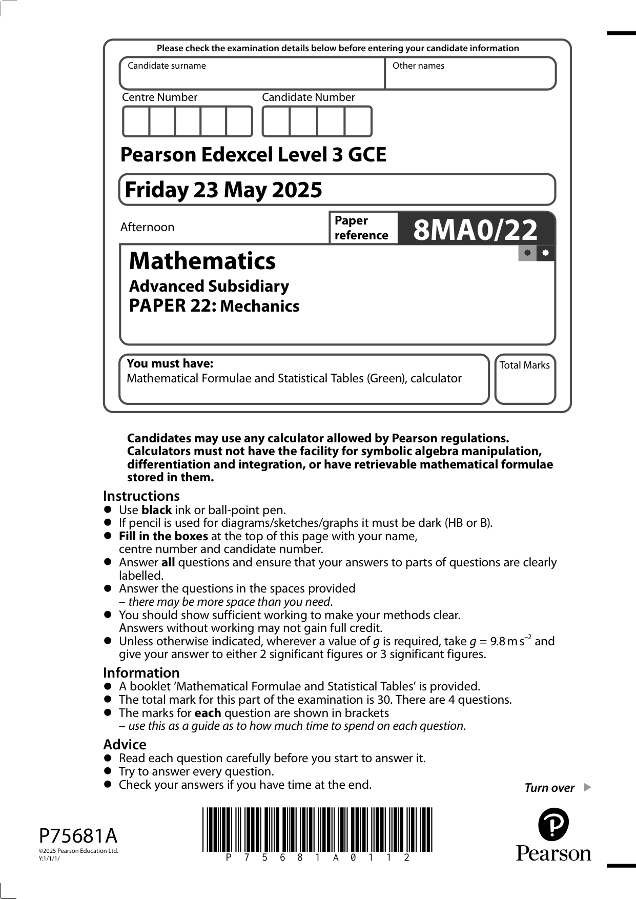 Pearson Edexcel AS Mathematics Paper 22 2025 Question Paper