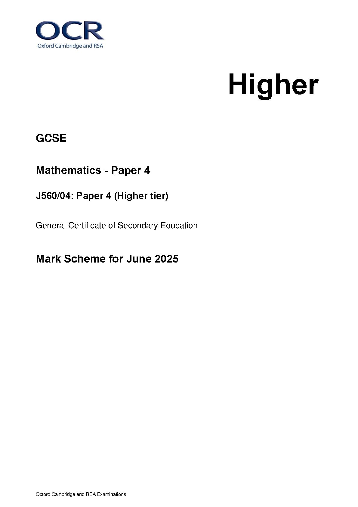 OCR GCSE Maths Paper 4 June 2025 Mark Scheme PDF