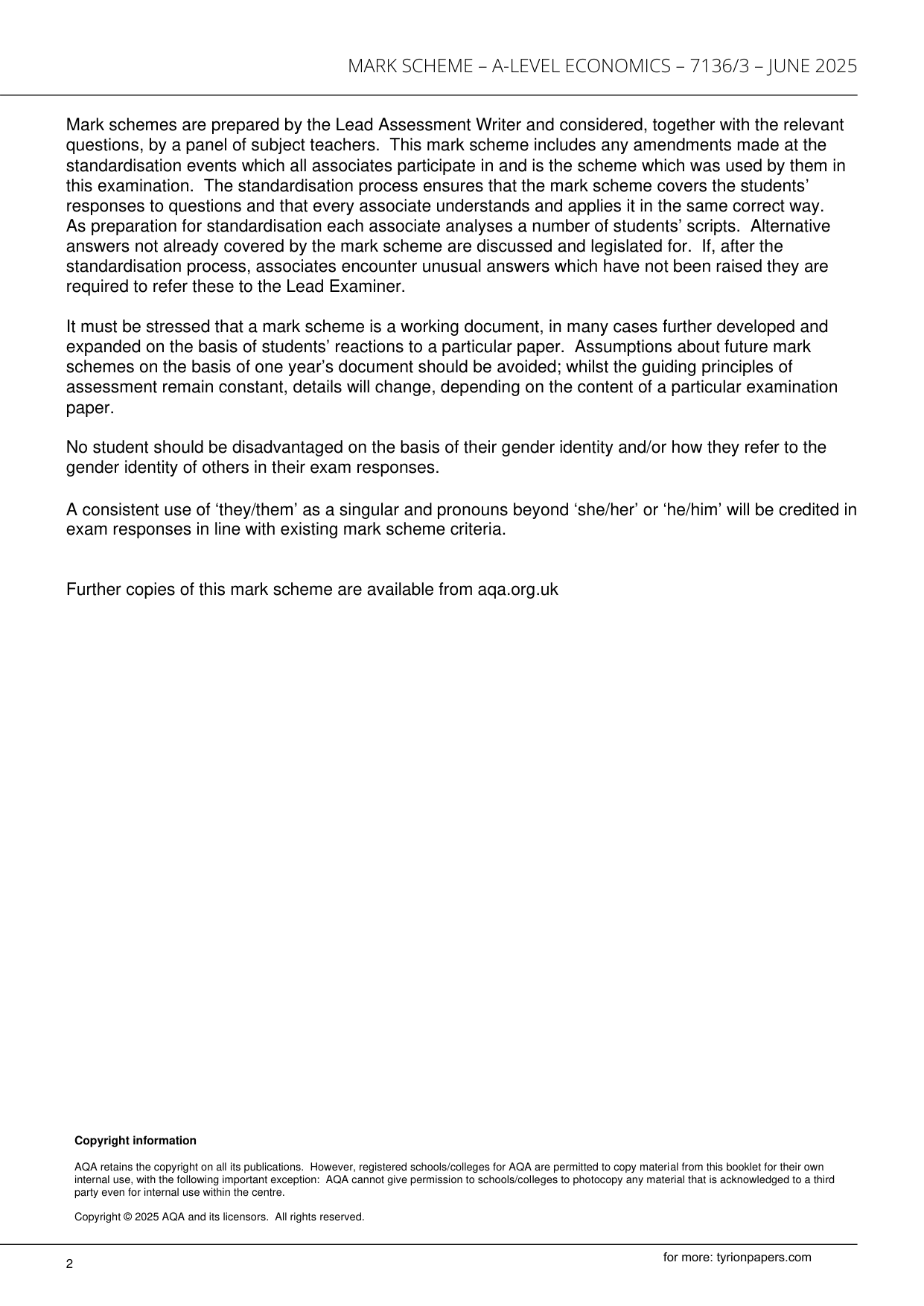 AQA A Level Economics Paper 3 2025 Mark Scheme PDF