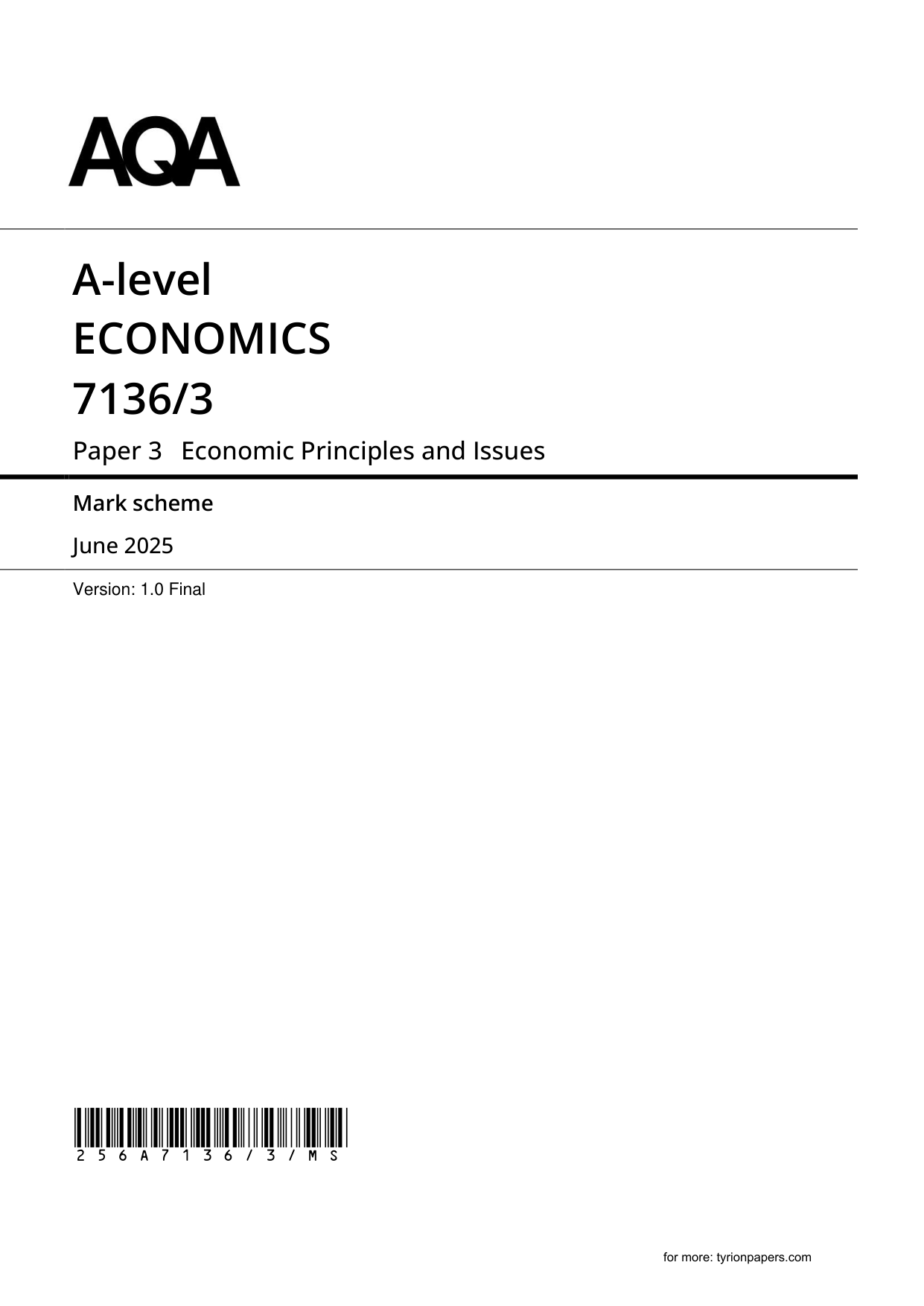AQA A Level Economics Paper 3 2025 Mark Scheme PDF