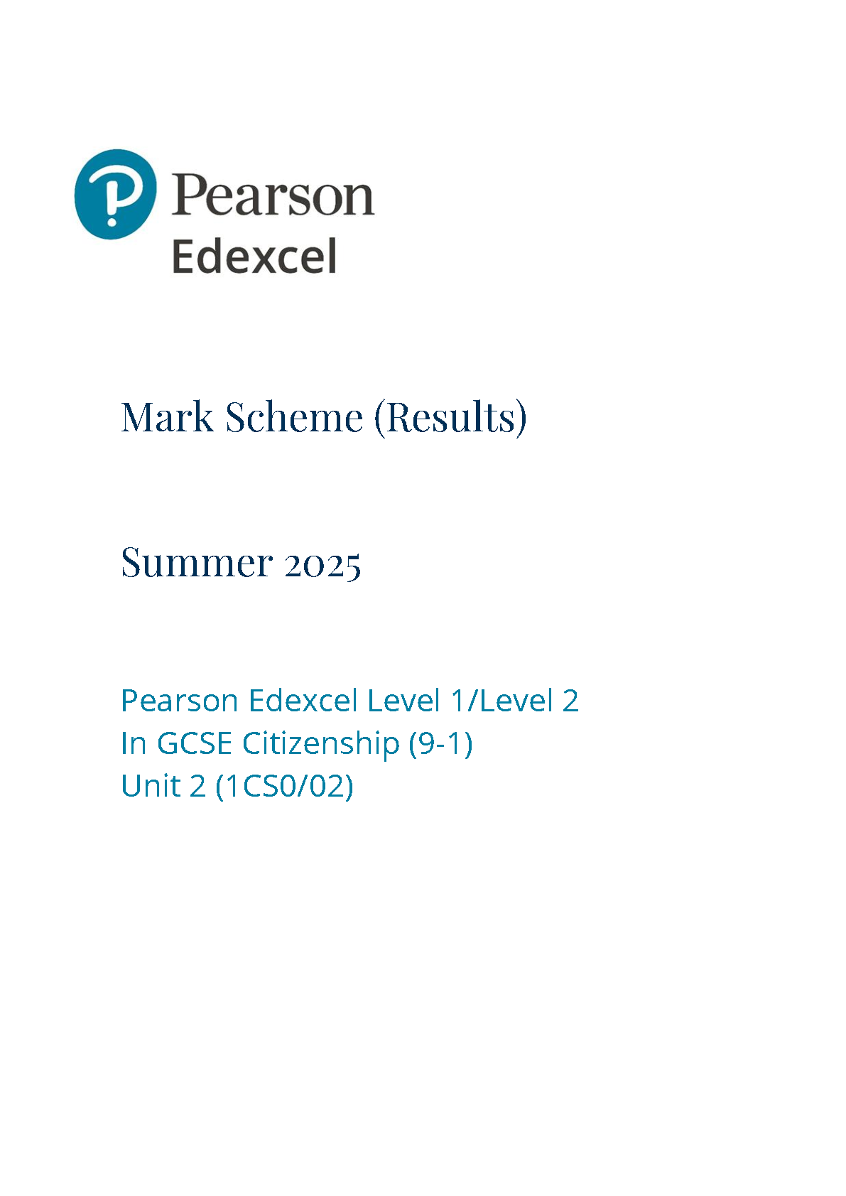 Pearson Edexcel GCSE Citizenship Paper 2 2025 Mark Scheme