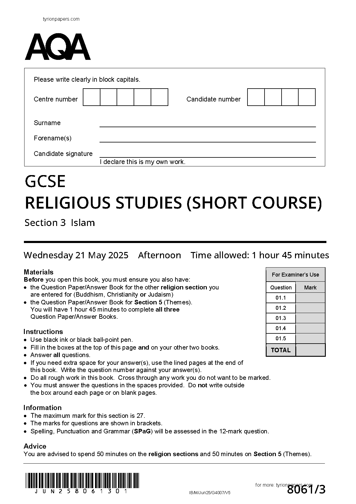 AQA GCSE Religious Studies Islam Paper 3 2025 Question Paper IMG-1