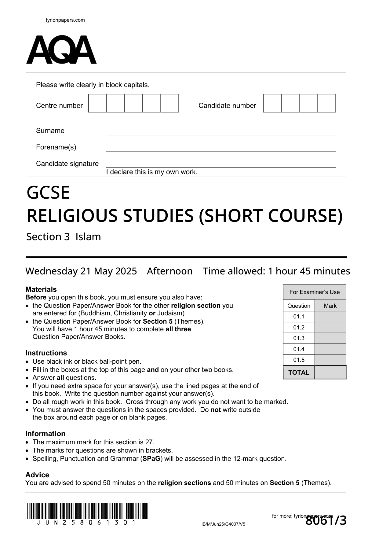 AQA GCSE Religious Studies Islam Paper 3 2025 Question Paper