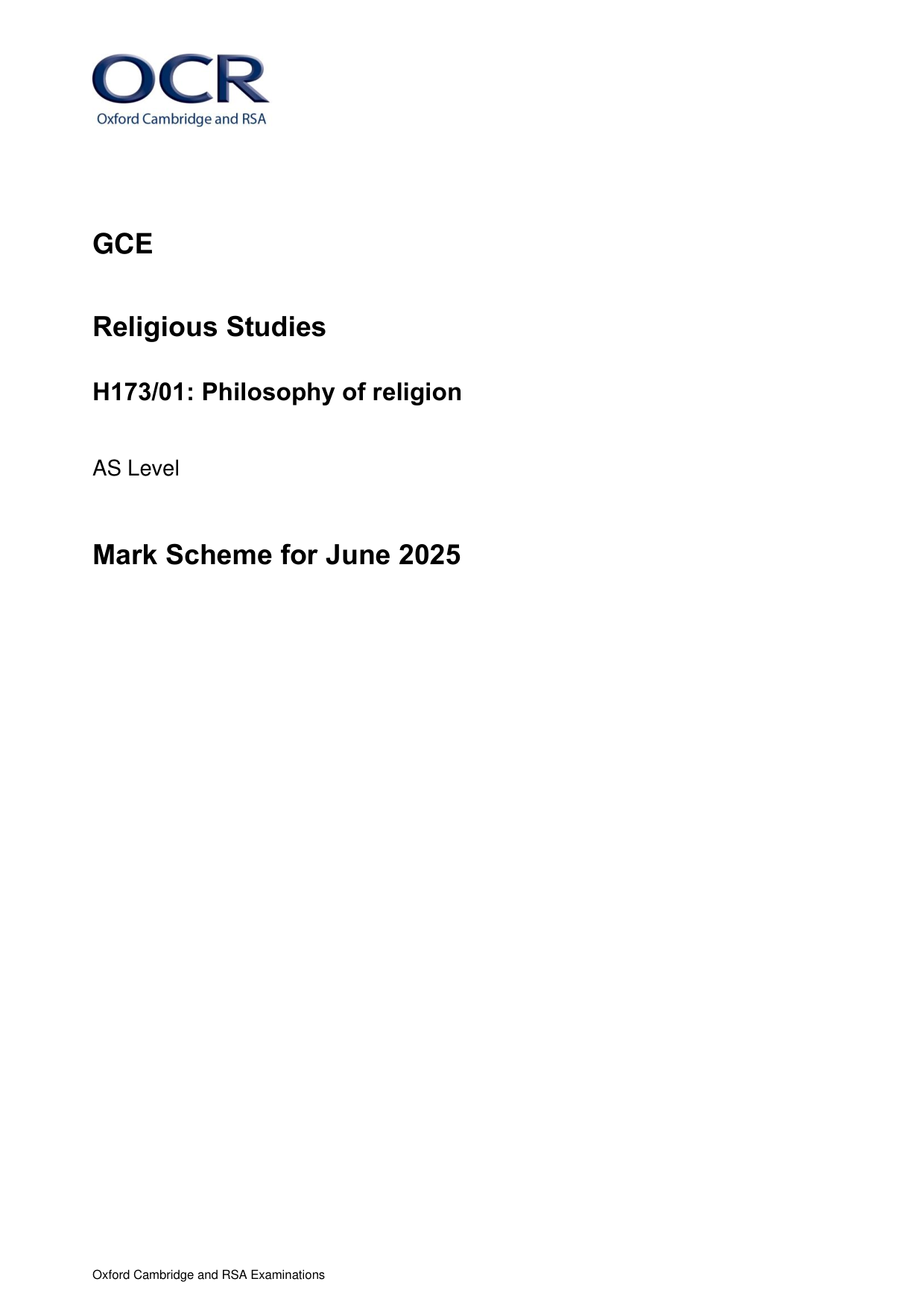 OCR AS Religious Studies Paper 1 2025 Mark Scheme