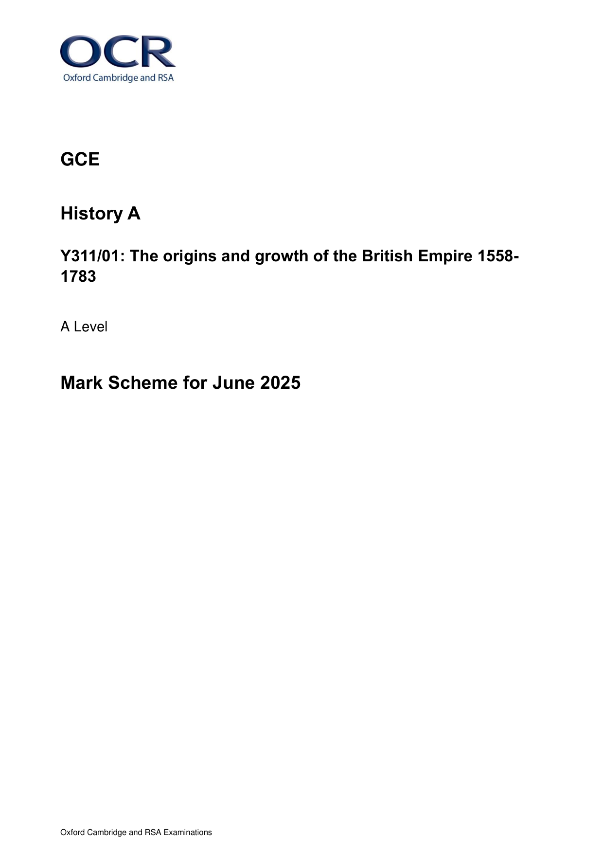 OCR A Level History A British Empire Origins 2025 Ms
