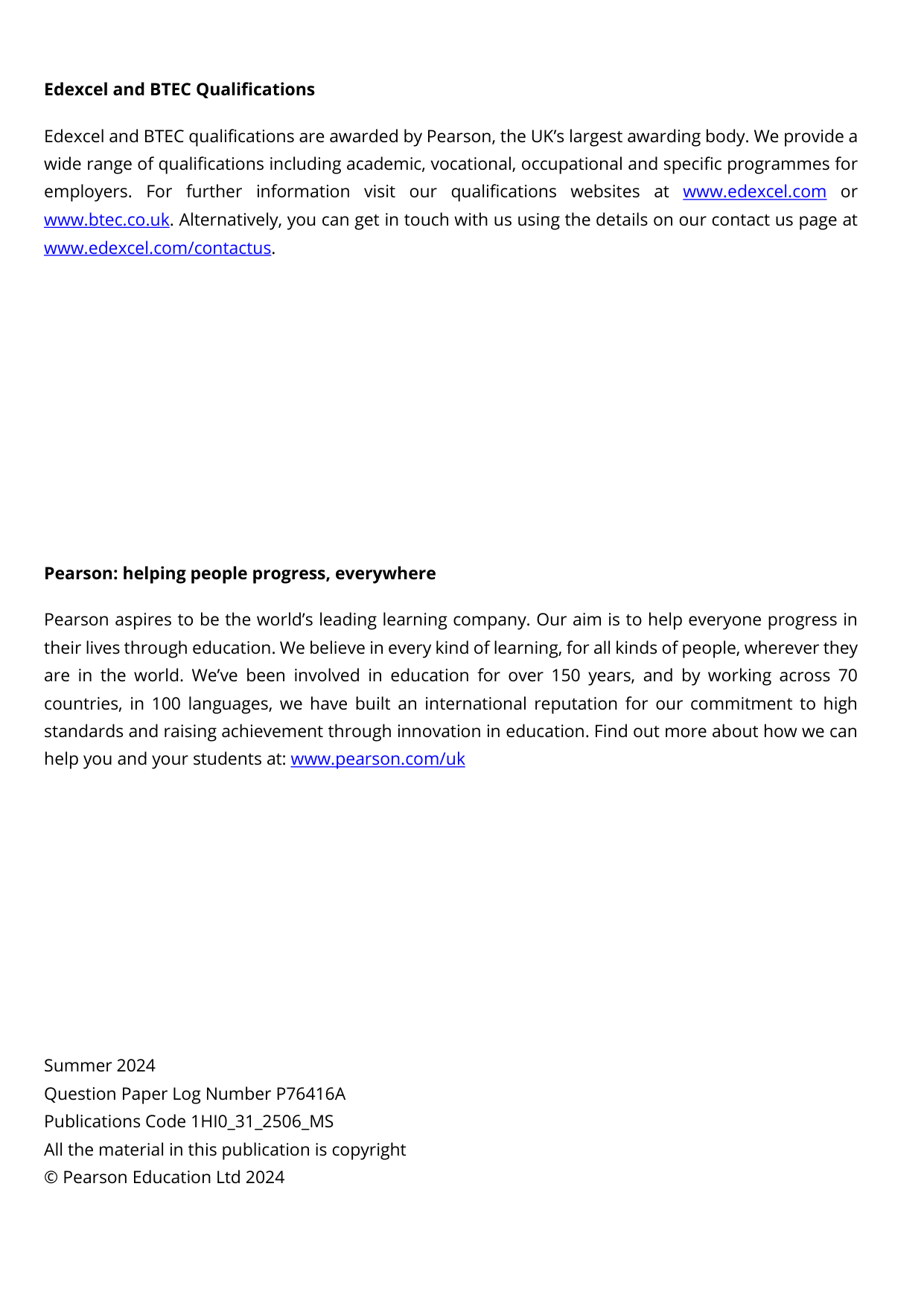 Pearson Edexcel GCSE History Paper 3 Option 31 2025 MS