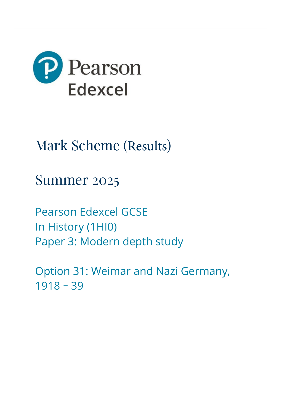 Pearson Edexcel GCSE History Paper 3 Option 31 2025 MS