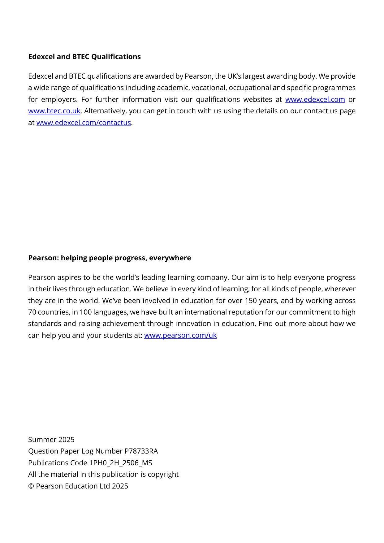 Pearson Edexcel GCSE Physics Paper 2H  2025 Mark Scheme