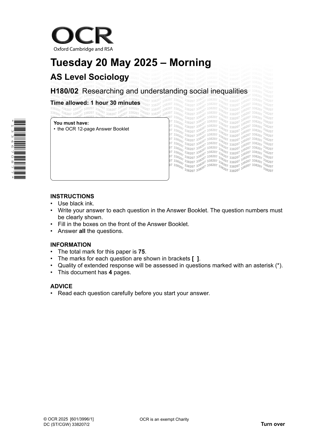 OCR AS Sociology Paper 2 2025 Question Paper