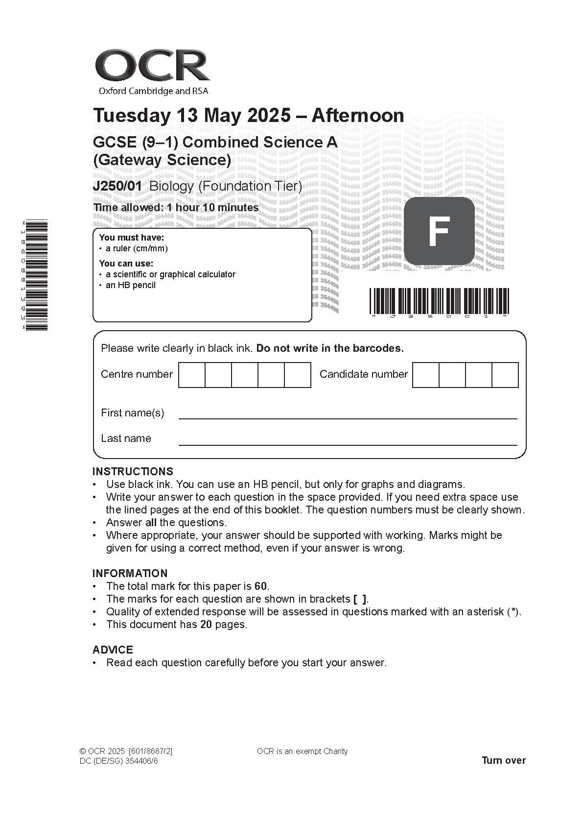 OCR GCSE Biology Combined Science A Paper 1 QP IMG-1