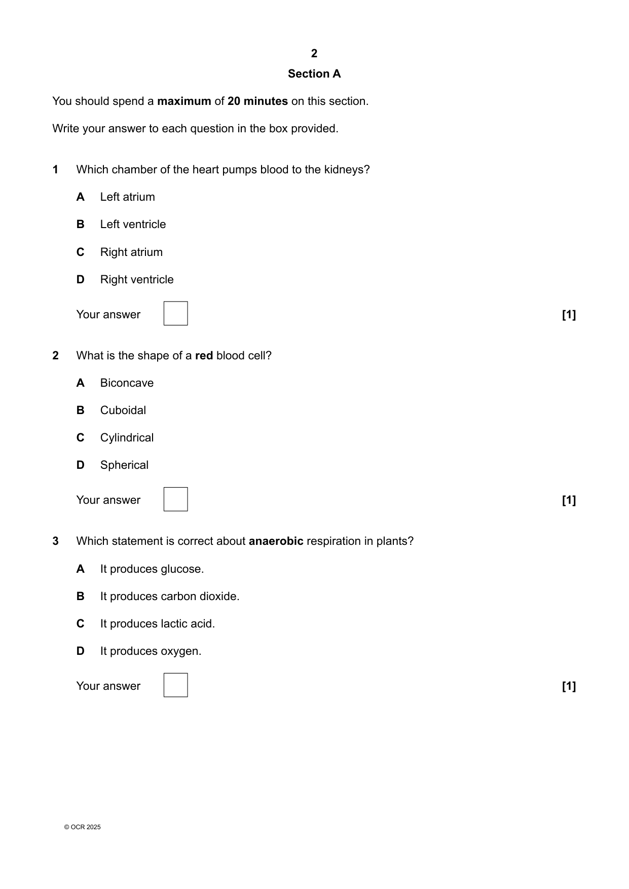 OCR GCSE Biology Combined Science A Paper 1 QP