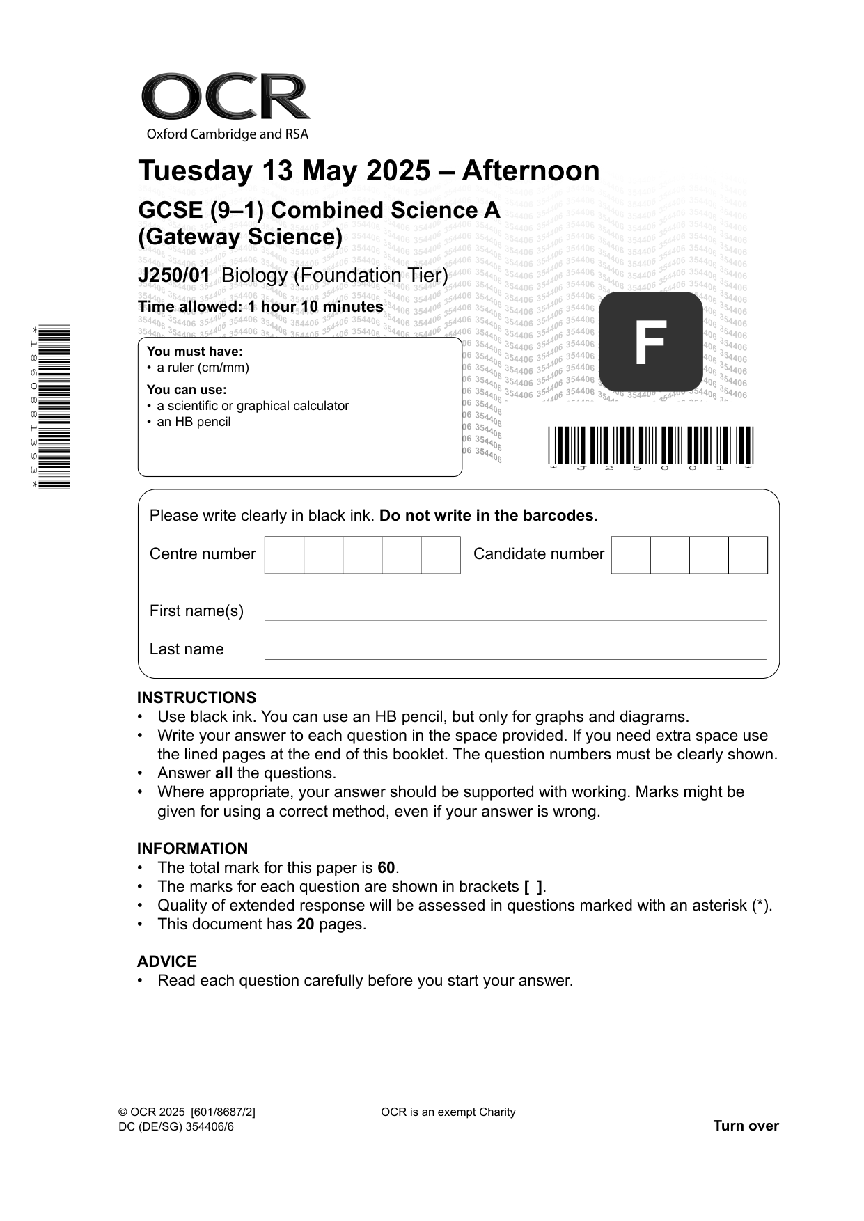OCR GCSE Biology Combined Science A Paper 1 QP