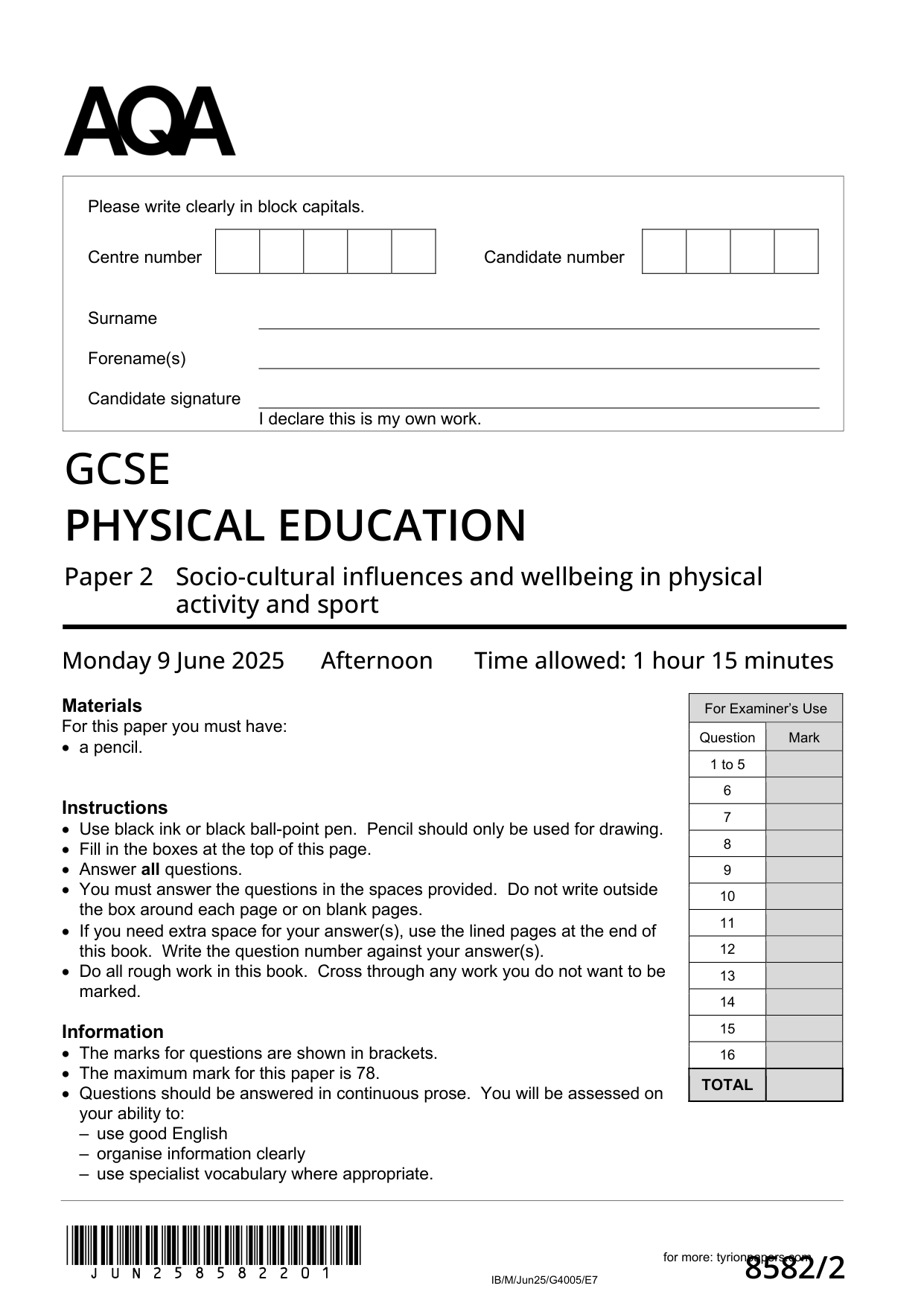 AQA GCSE Physical Education Paper 2 2025 QP PDF