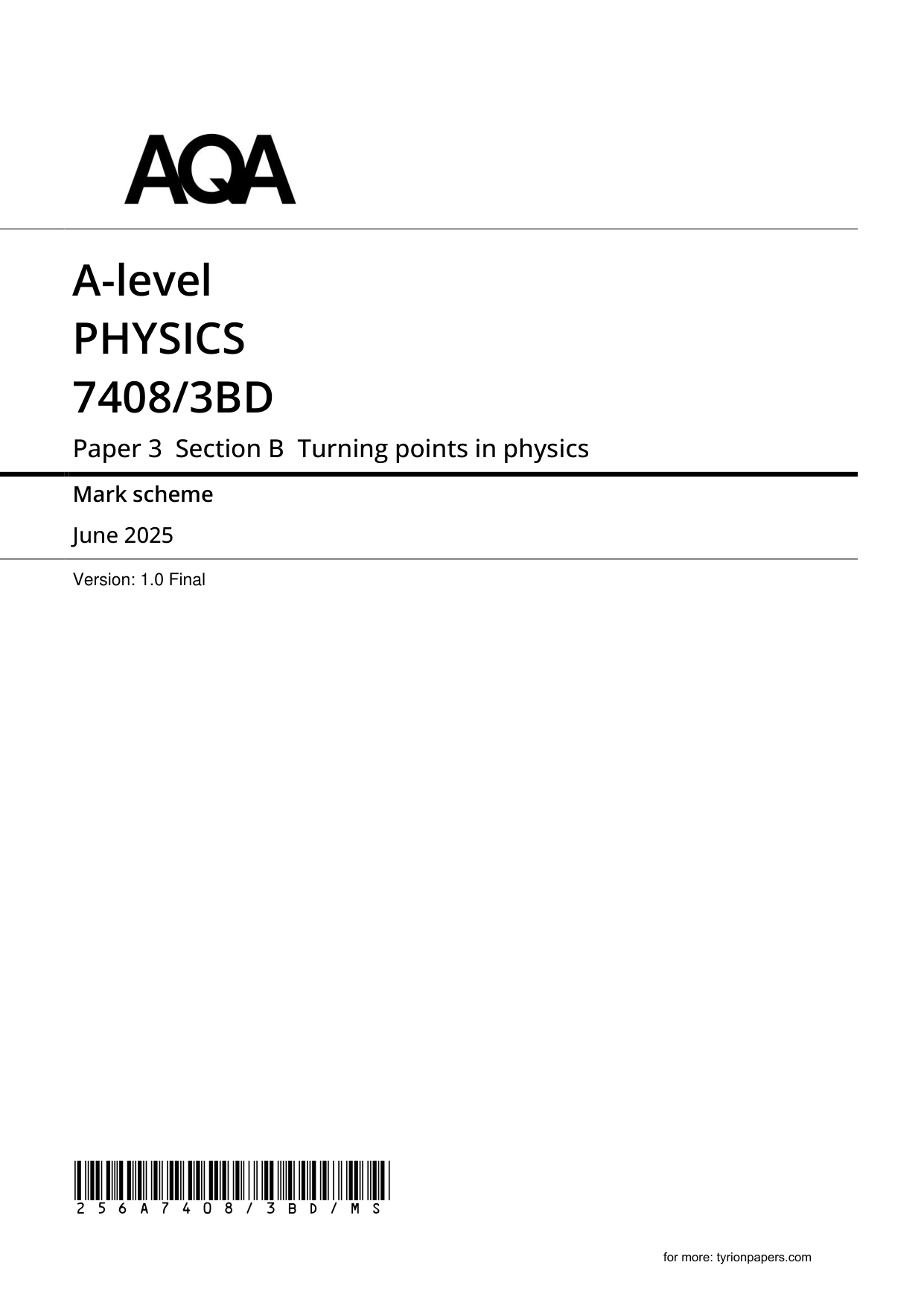 AQA A Level Physics Paper 3BD 2025 Mark Scheme