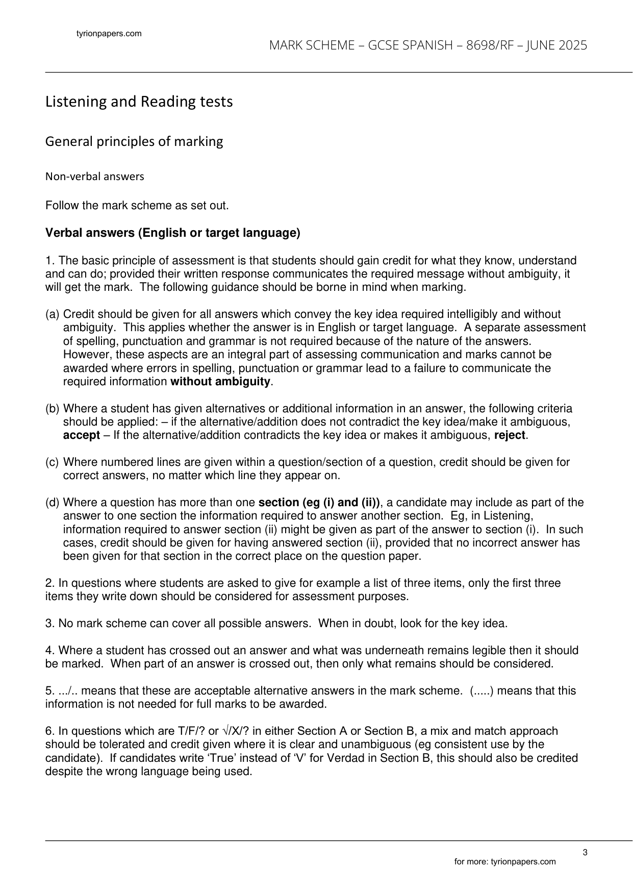 AQA GCSE Spanish Paper 3F Reading 2025 Mark Scheme IMG-3