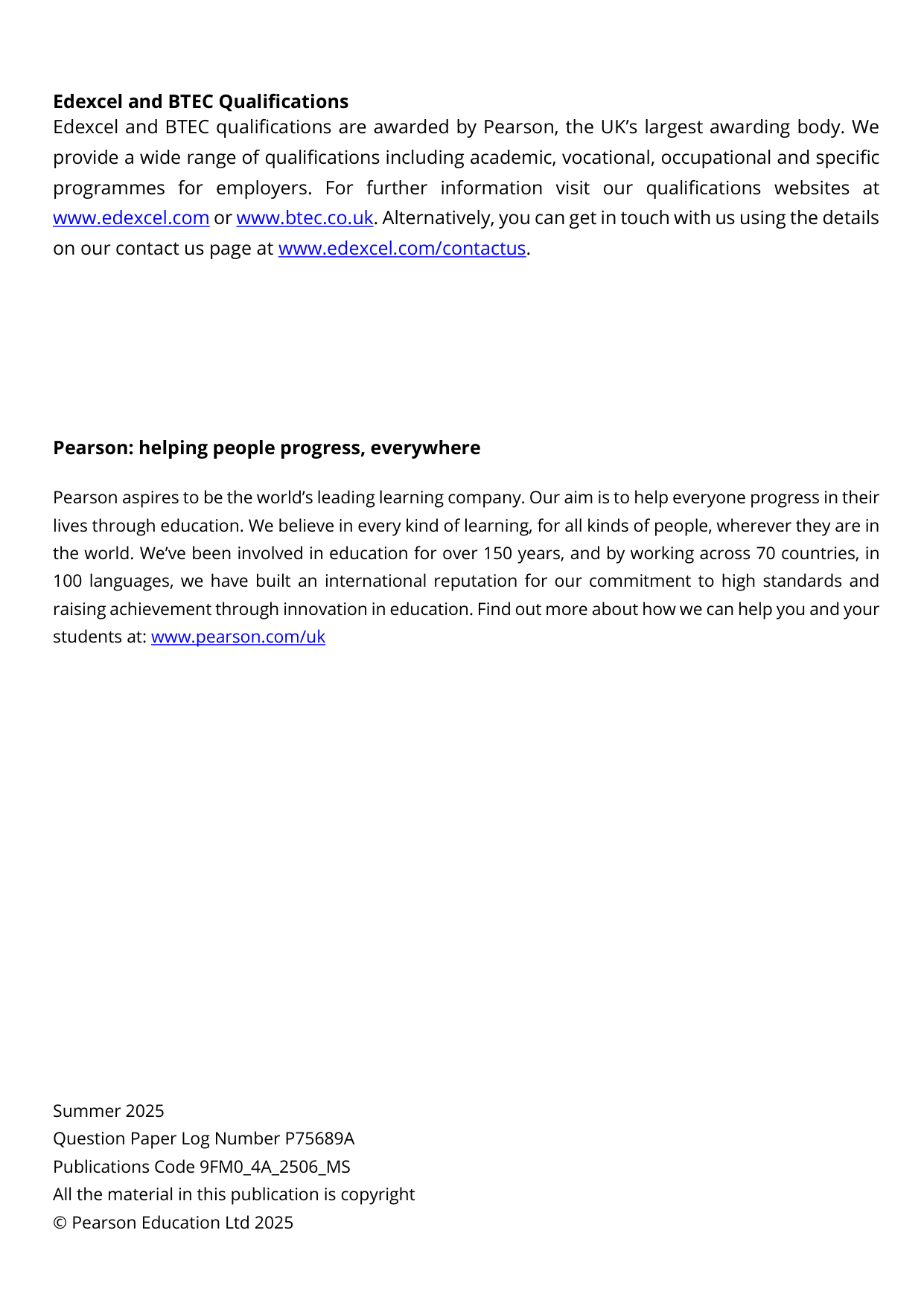 Pearson Edexcel A Level Further Mathematics Paper 4A 2025 Ms