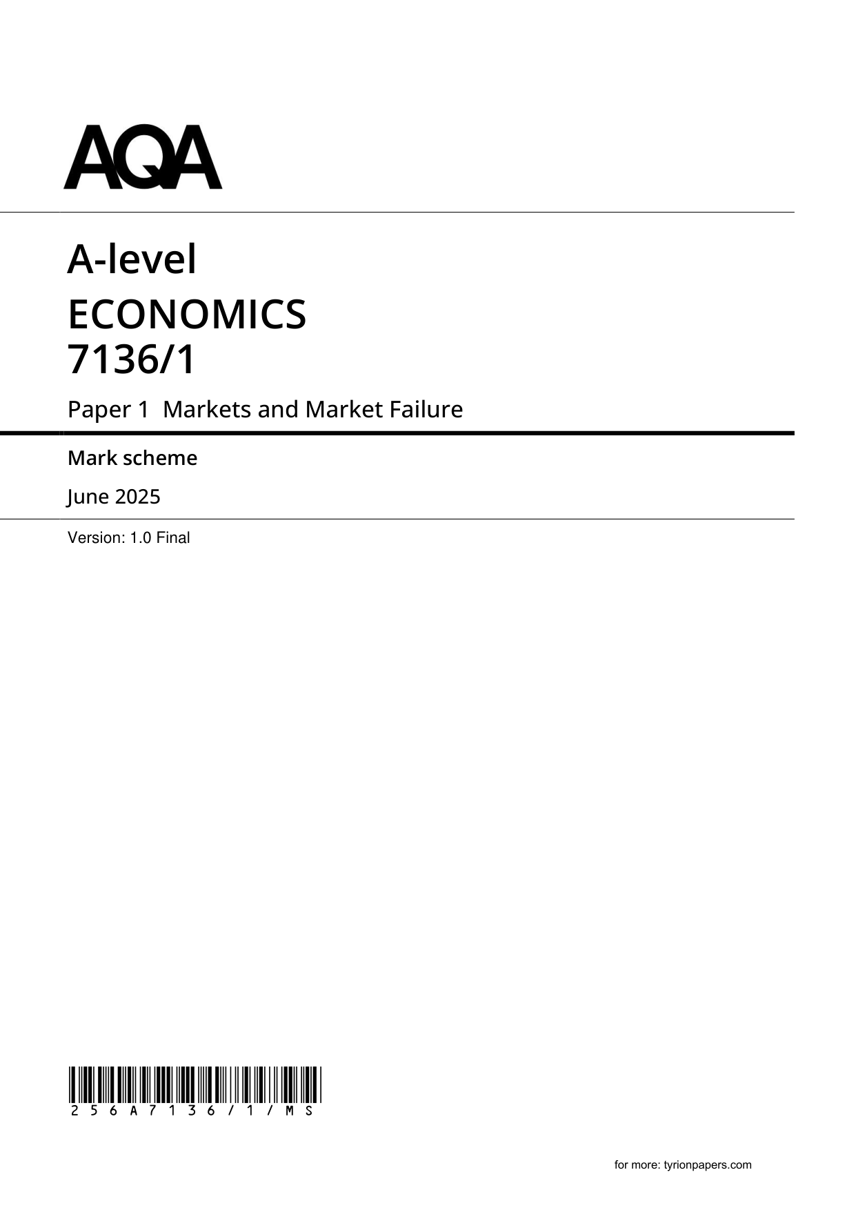 AQA A Level Economics Paper 1 2025 Mark Scheme PDF