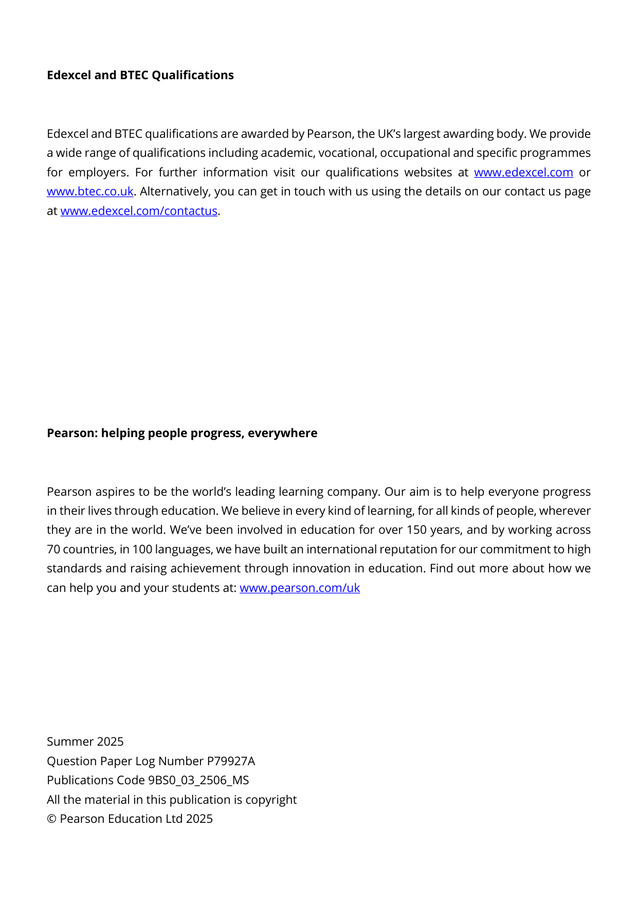 Pearson Edexcel A Level Business Paper 3 2025 Mark scheme