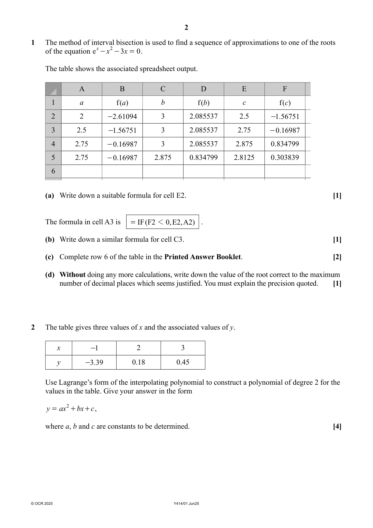 OCR AS Further Maths Paper 1 Numerical Methods 2025 QP