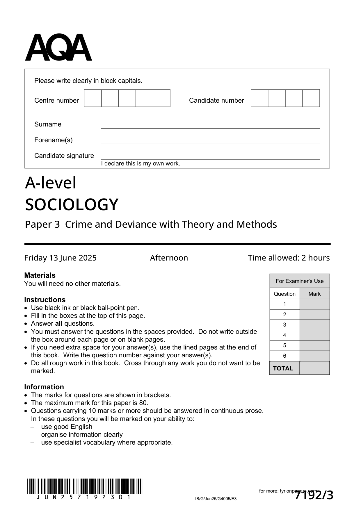 AQA A Level Sociology Paper 3 2025 Question Paper