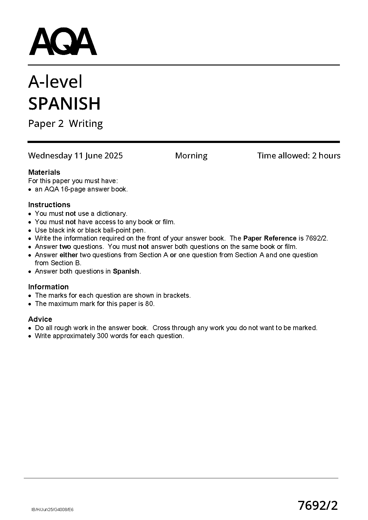 AQA A Level Spanish Paper 2 2025 Question Paper IMG-1