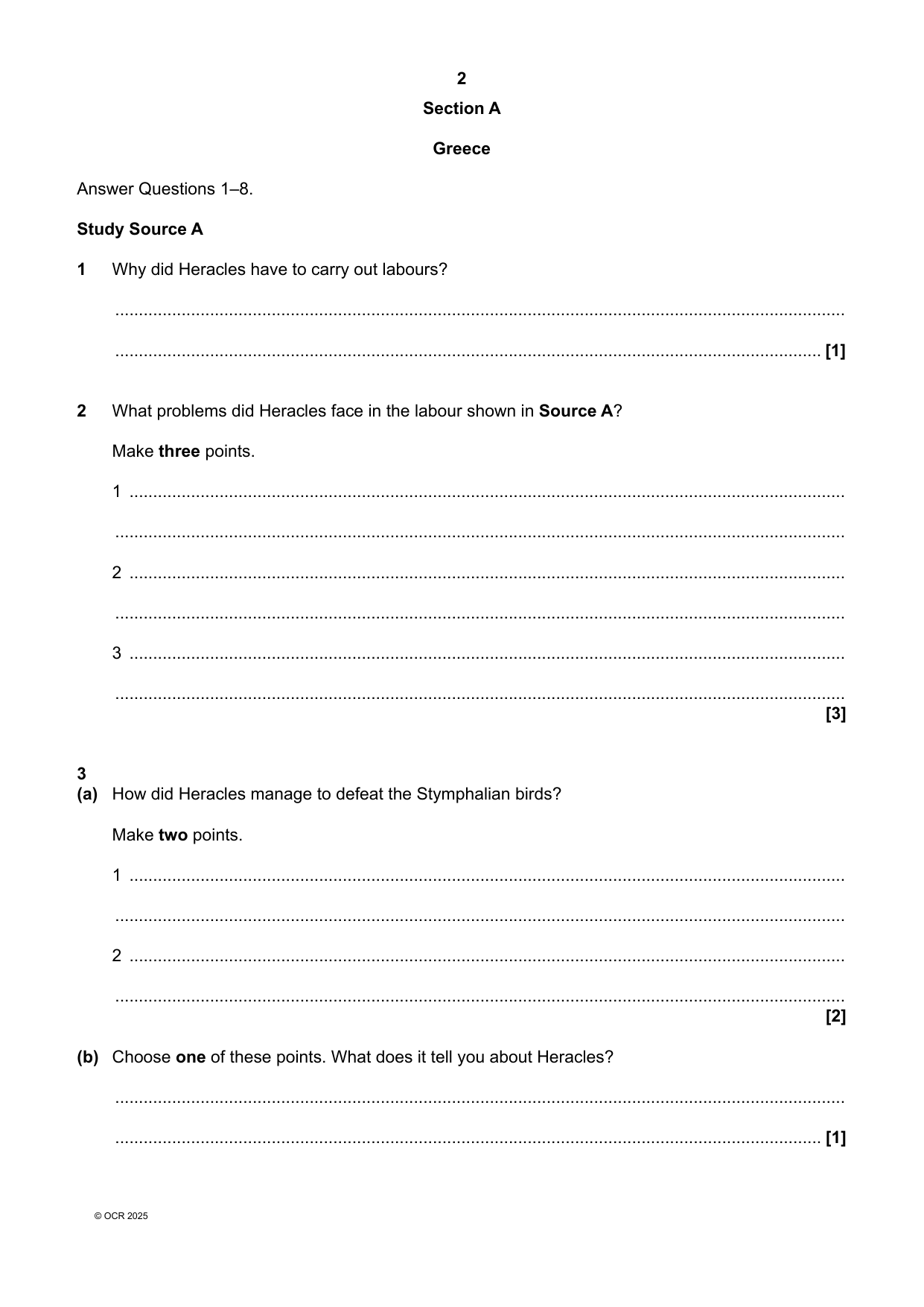 OCR GCSE Classical Civilisation  2025 Question PDF