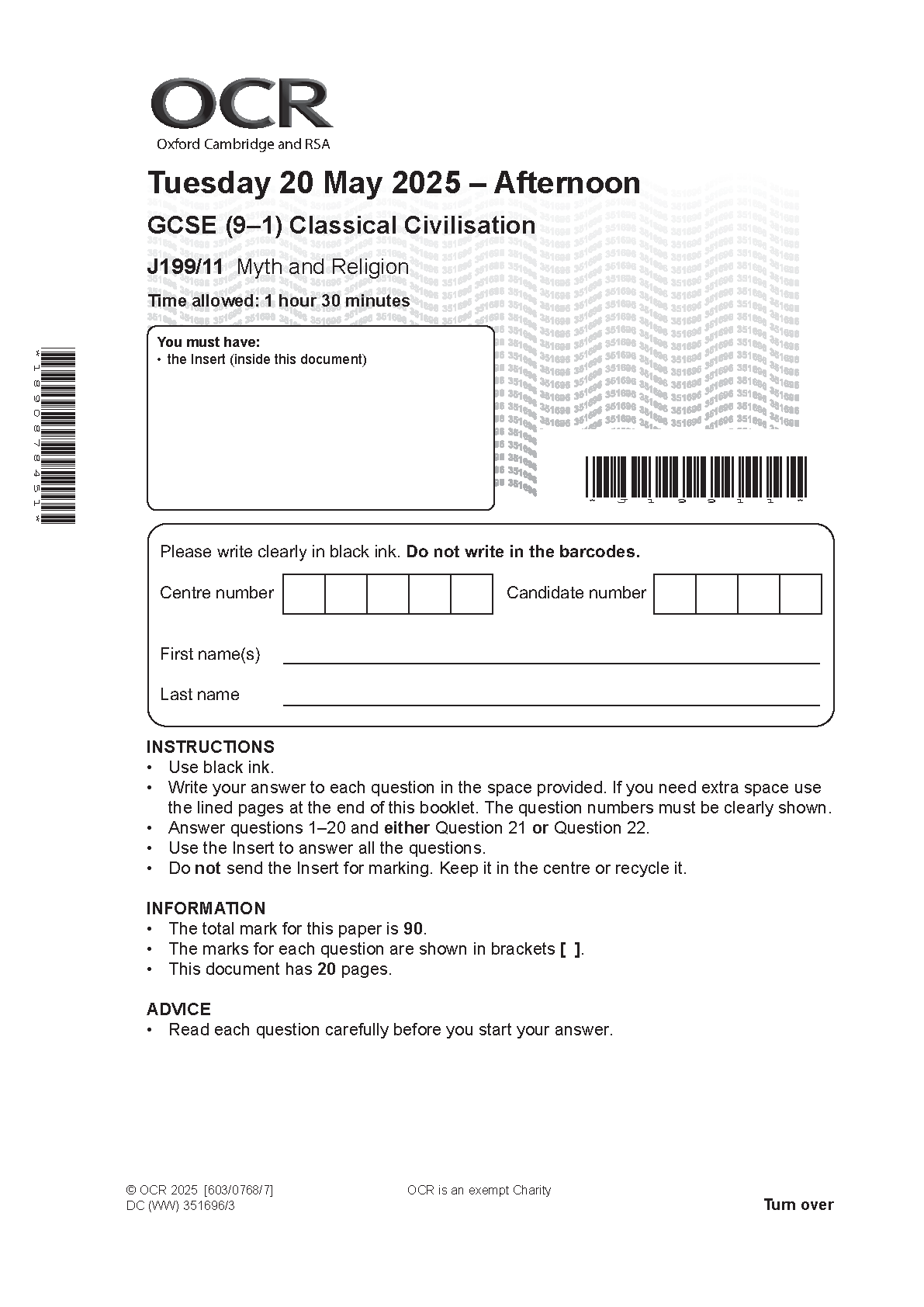 OCR GCSE Classical Civilisation  2025 Question PDF