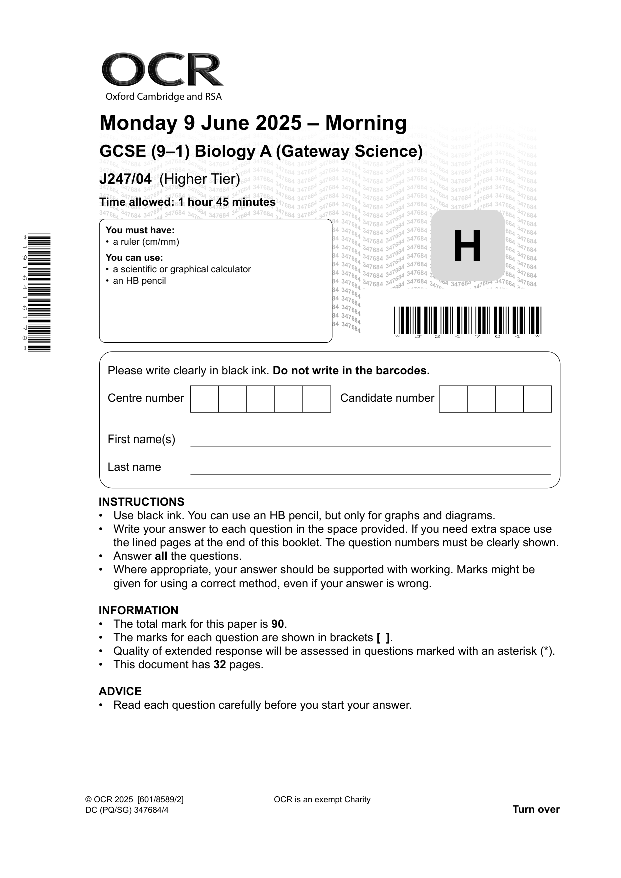 OCR Biology A Higher Tier Paper 4 2025 Question Paper PDF
