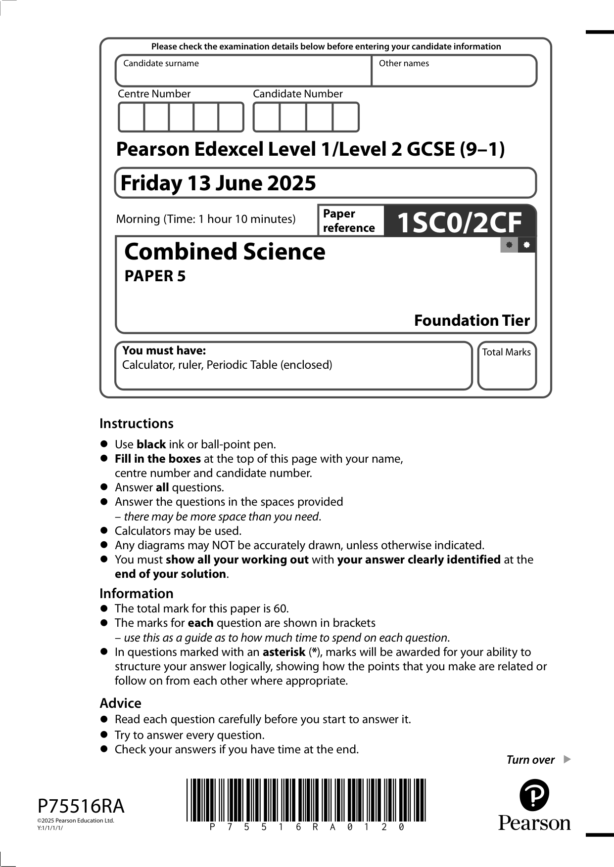 Pearson Edexcel GCSE Combined Science Paper 5  2025