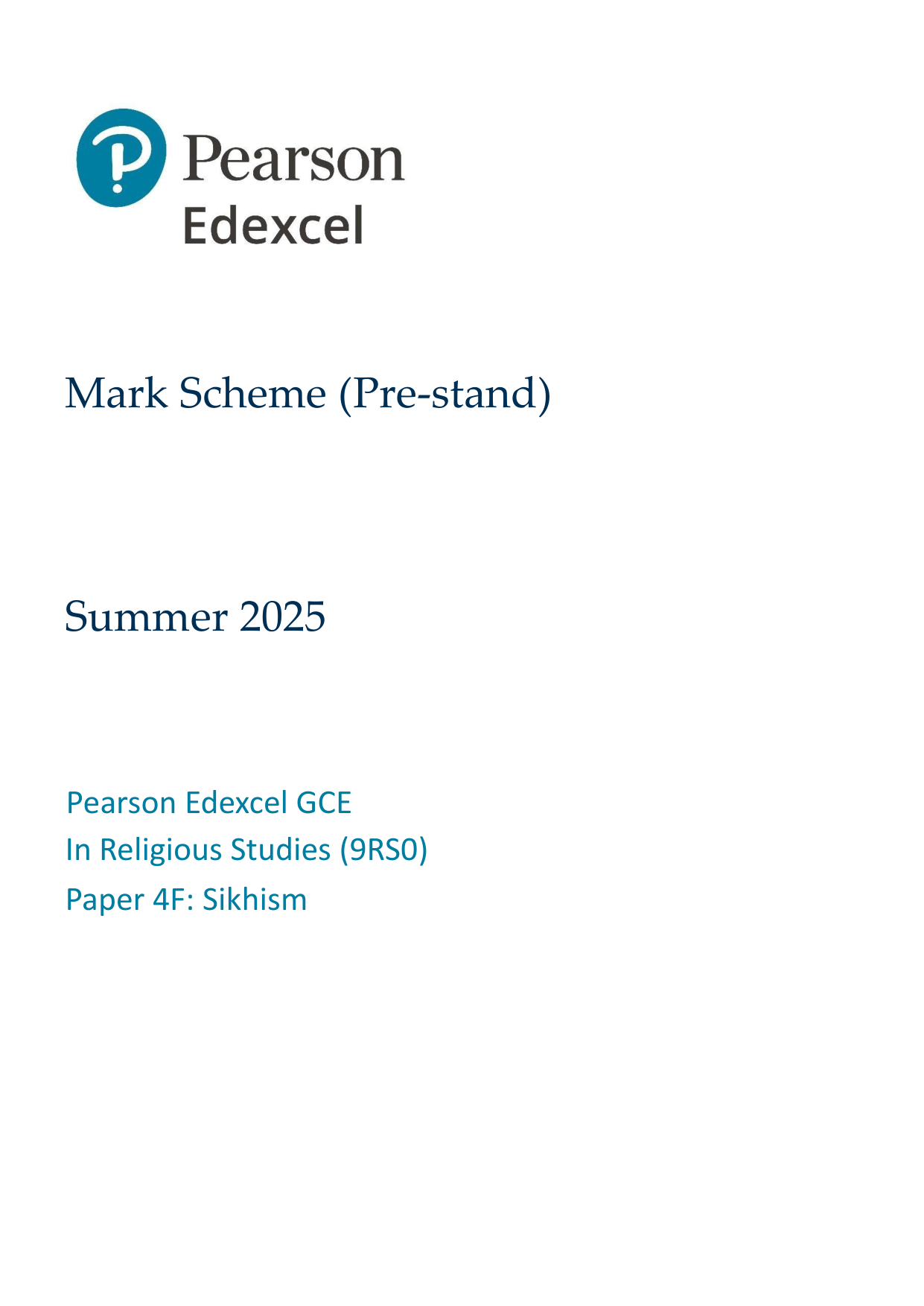 Pearson Edexcel A Level Religious Studies Paper 4F 2025 Ms