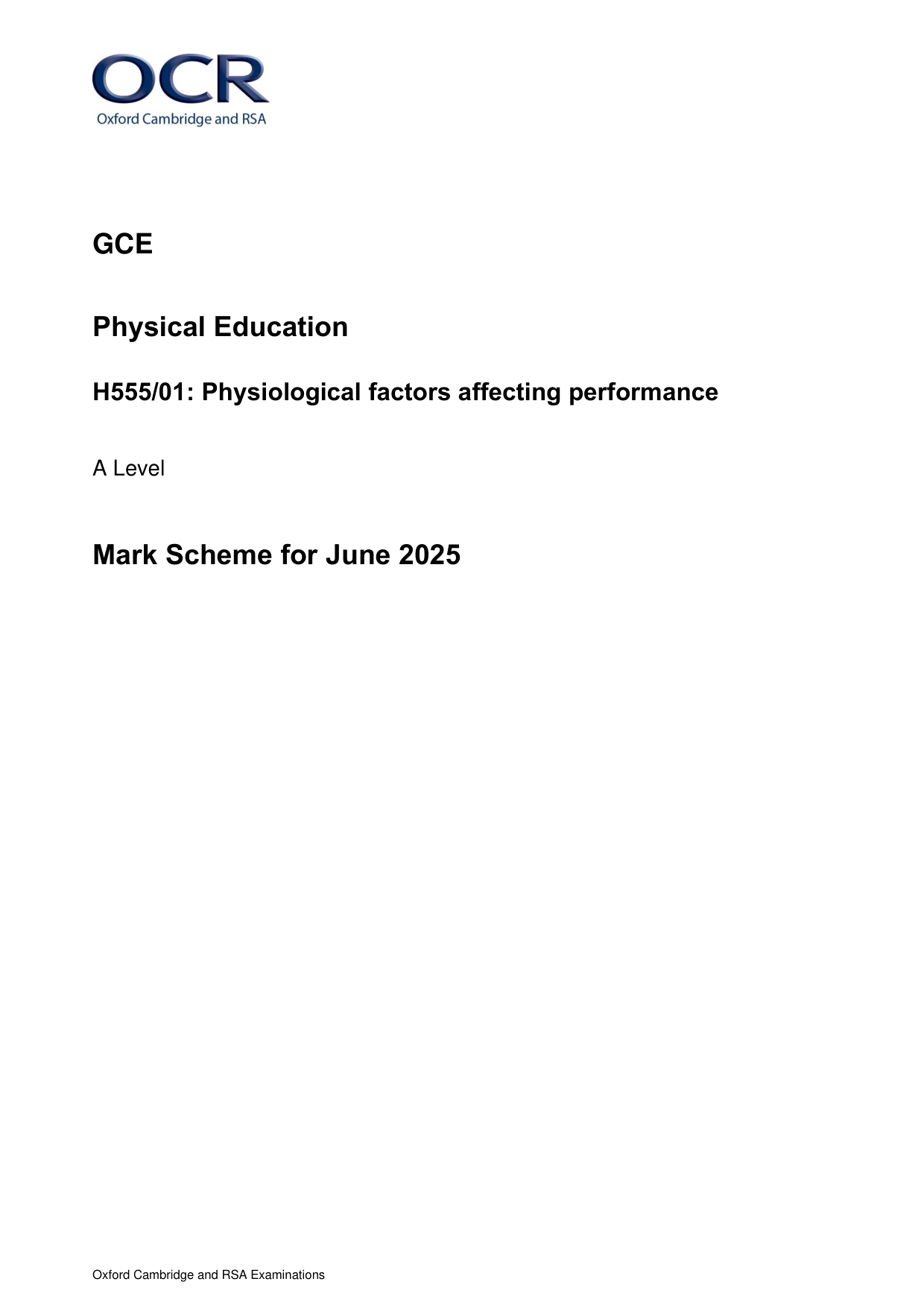 OCR A Level Physical Education Paper  2025 Mark Scheme Guide