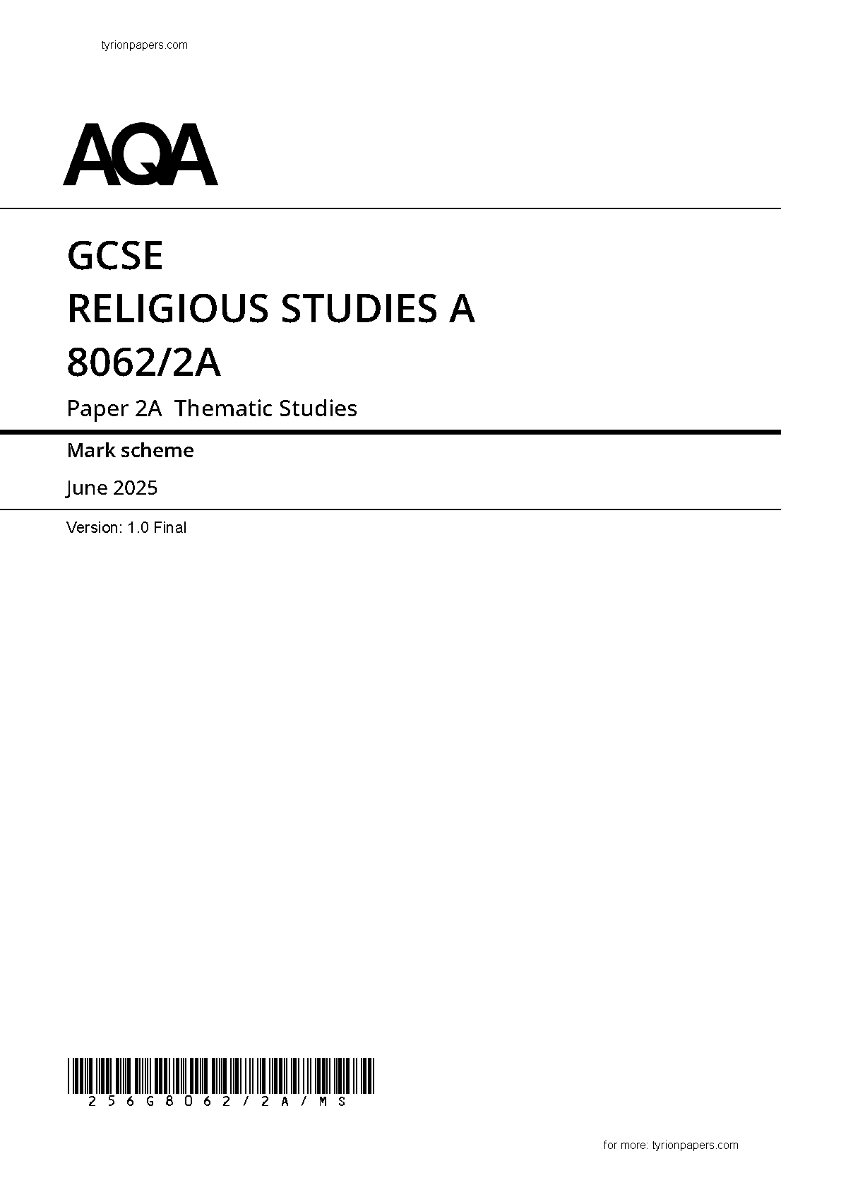 AQA GCSE Religious Studies A 8062/2A 2025 Mark Scheme