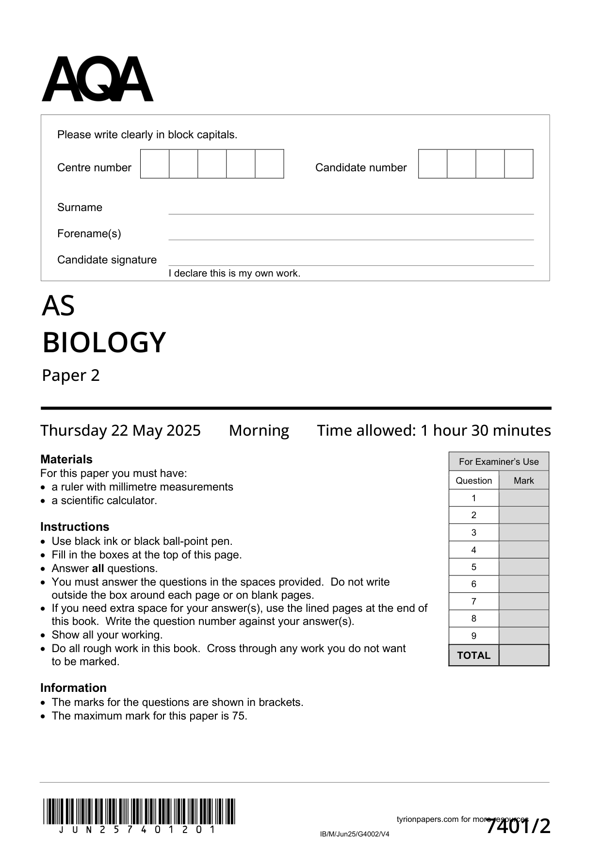 AQA AS Biology Paper 2 2025 Question Paper PDF