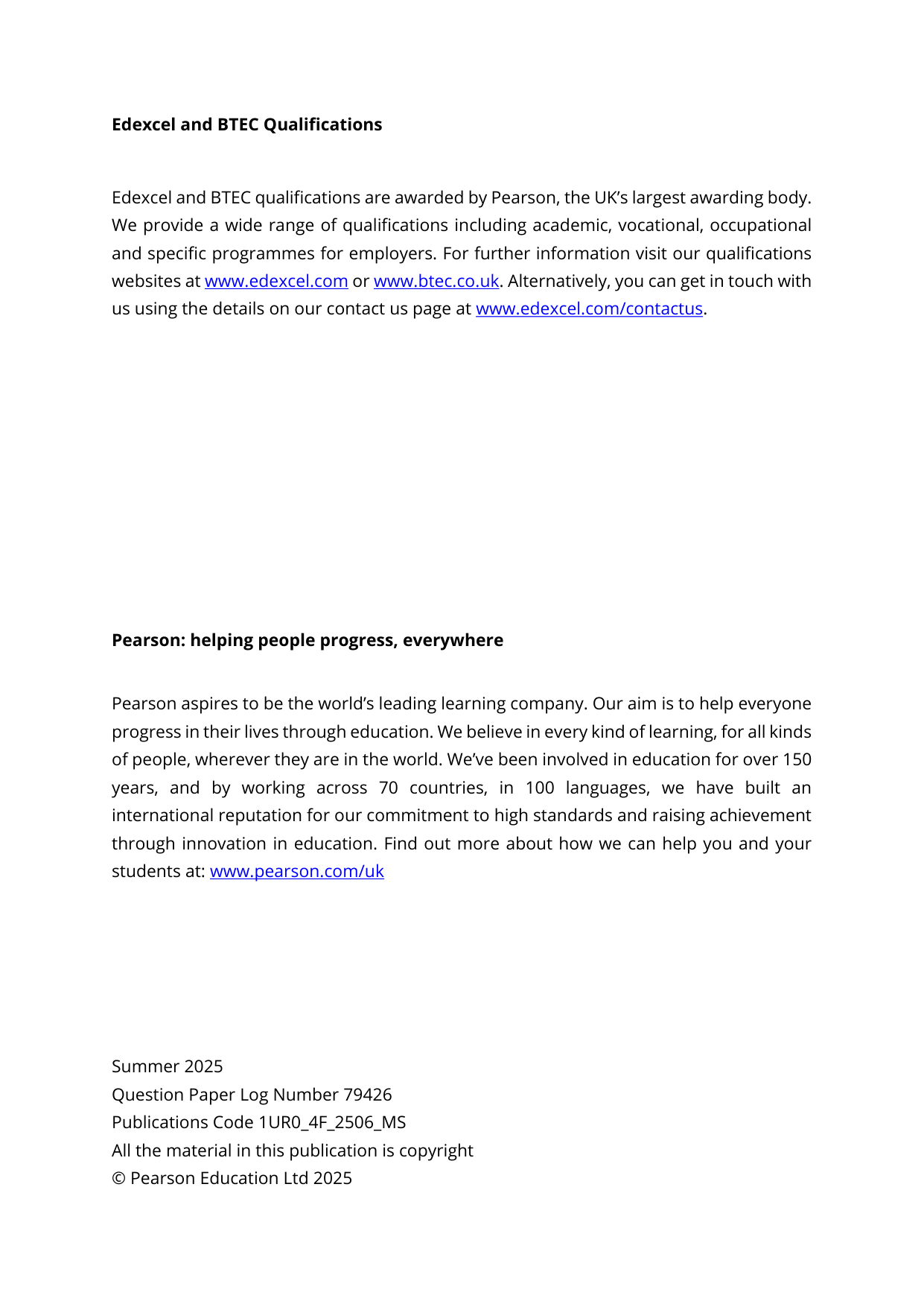 Pearson Edexcel GCSE Urdu Paper 4F 2025 Mark Scheme