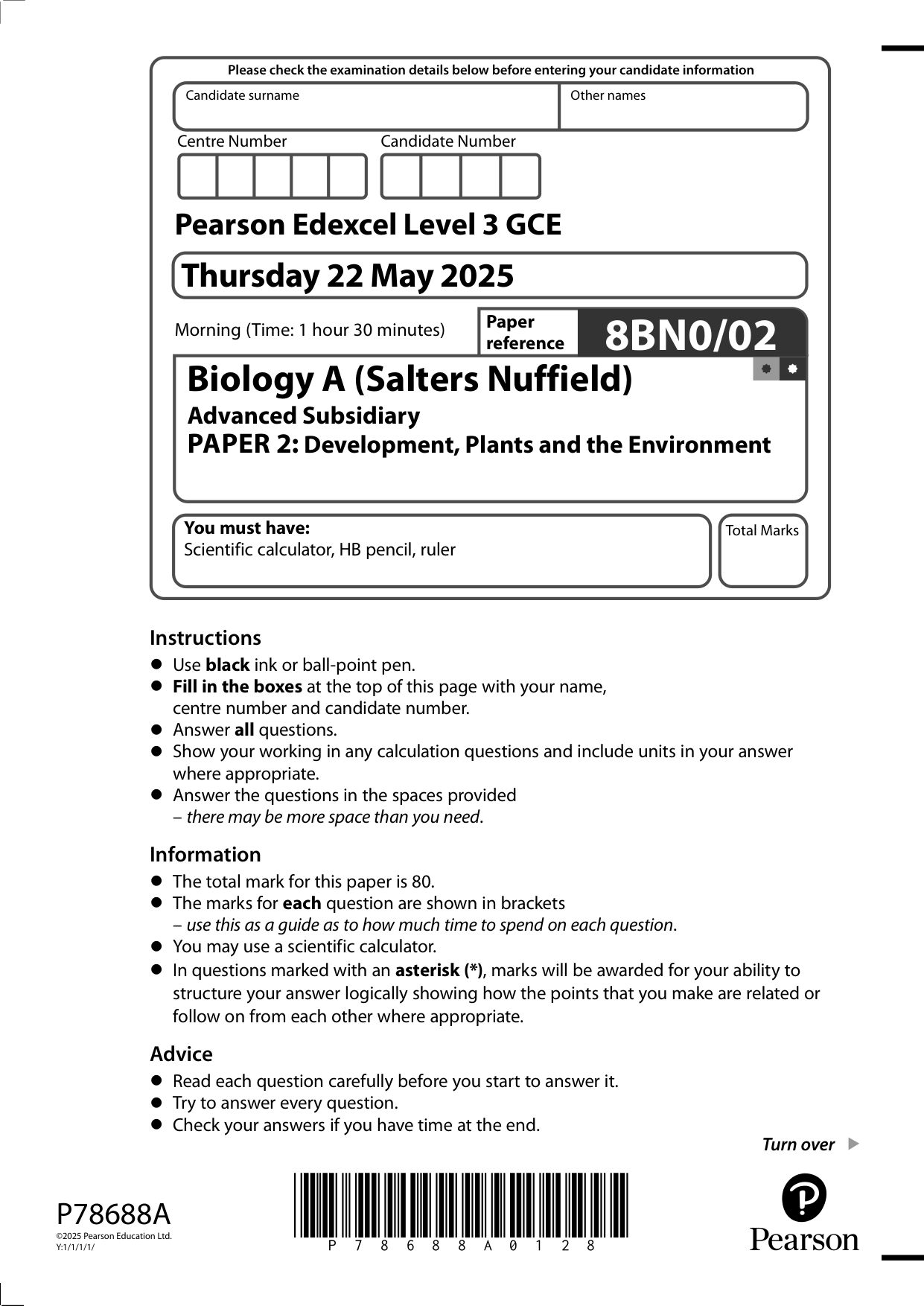 Pearson Edexcel AS Biology  Paper 2 2025 Question Paper