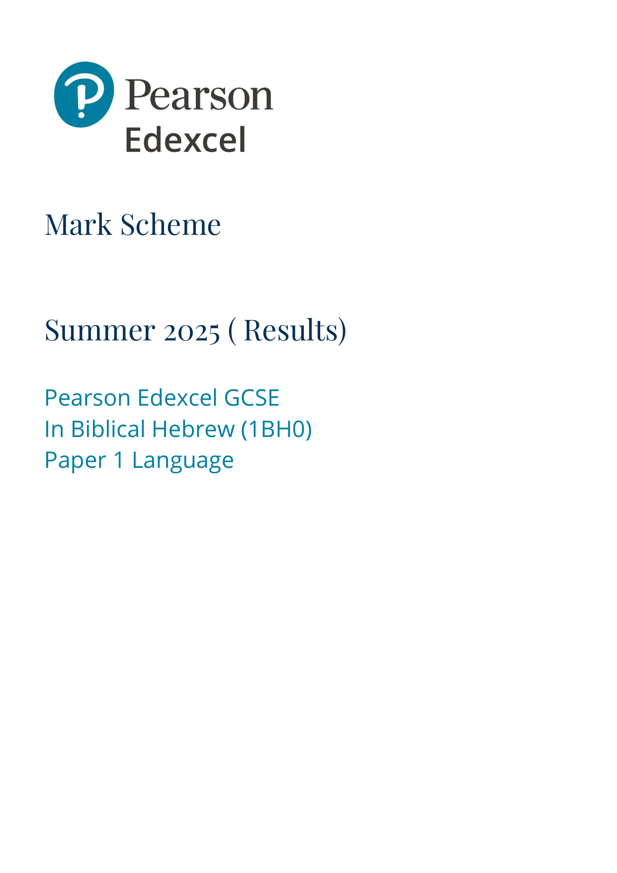 Pearson Edexcel GCSE Biblical Hebrew Paper 1 2025 MS