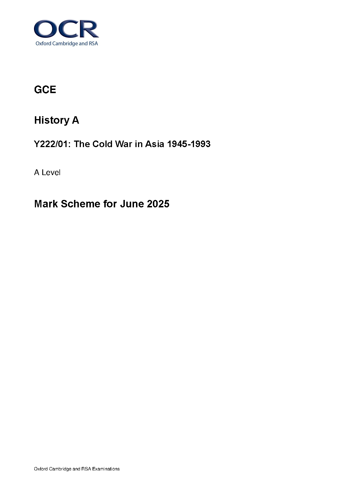OCR A Level History A Cold War Asia 2025 Mark Scheme